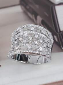 1 anel vintage elegante estilo boêmio com dupla camada redonda de zircônia incrustada, adequado para mulheres, casamento, noivado, aniversário, uso diário