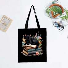 1 pièce Sac fourre-tout en canevas "La vie est meilleure avec des chats et des livres" - Sac à épaule mignon pour amateurs de chats, sac fourre-tout kawaii pour dames, design de chat noir et de livre pour femmes à la mode, sac fourre-tout unique et élégant