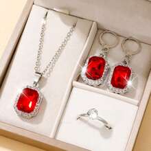 Conjunto de 4 joias quadradas da moda para mulheres, 1 colar + 1 anel + 2 brincos, adequado para uso diário ou como presente, serve para todas as mulheres
