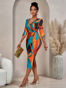 AIJ Amarilo Women's Fashionable Wave Prints Crisscross Wrap Three-Quarter Sleeves V-Neck Ruched Bodycon Dress(Random Print)