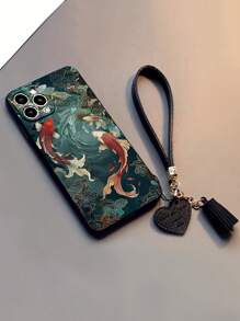 1 pieza Funda de teléfono reforzada con diseño pintado de animal y borde recto perforado, que incluye cordón decorativo con forma de corazón, dije DIY y muñequera corta