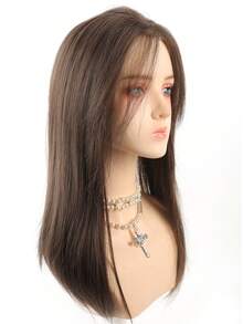 合成天然假发直发假发手工钩编蕾丝发片黑棕色假发增厚发质遮盖白发 - 彩色 - 查看 8