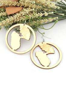 1 Pair Wooden Hollow Geographical Map Earrings, Vintage African Pattern Wooden Round Boho Earrings