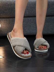 女士毛绒交叉拖鞋，柔软温暖的毛绒室内/室外拖鞋，蓬松露趾舒适家居鞋，粉色 - 紫紅色 - 查看 3