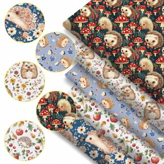 5pcs/Set 7.78x7.87inch(20x20cm) Flower Leaves Mushroom Hedgehog Precut Quilting Fabric Fat Quarter Fabric Bundle, Polyester Quilting Squares For Patchwork, DIY Crafts Projects, DIY Wallet Making