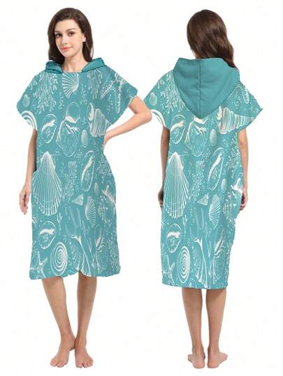 1 pieza Capa con capucha estampada con conchas marinas azules - Bata de microfibra súper suave con temática de playa, apta para hombres, mujeres, parejas - Decoración de playa y hogar, capas para parejas | Bata de baño de microfibra, apta para todas las ocasiones, de vuelta a la escuela
