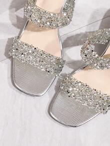 Women's Fashionable Alluring Silver Rhinestone High Heel Sandals, Square Toe Comfortable Vacation & Party Wear Slip-On Mules, Suitable For Dresses In Spring/Summer - Silver - View 8