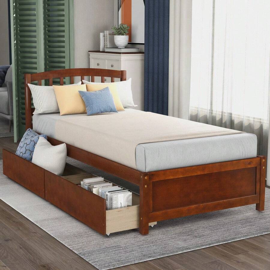 Twin Platform Storage Bed Wood Bed Frame With Two Drawers And Headboard, Walnut - 1 - View 1