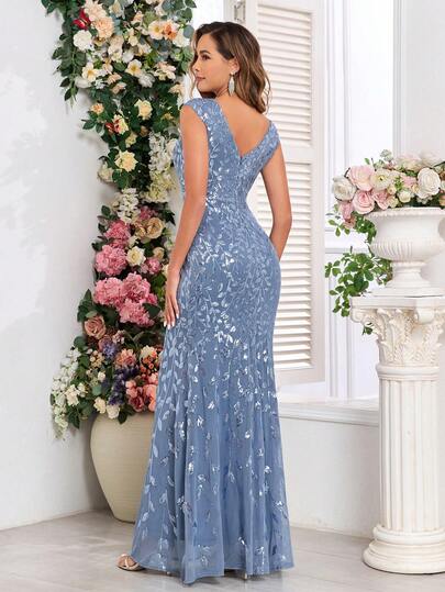 Women's Double V-Neck Embroidered Lace Sequin Mermaid Elegant Party Evening Dress, Formal Wedding Guest Dress, Graduation Ceremony Dress, Formal Gown, Banquet Dress, For Valentine's Day Spring