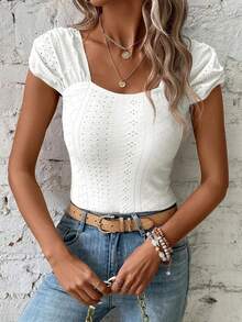 Womens Square Neck Tank Top Eyelet Cap Sleeve Slim Fit Backless Tee Going Out Summer Tops - 白色 - 查看 3