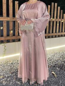 2 件套欧根纱纯色迷人阿拉伯女士奢华晚礼服，适合开斋节、婚礼、正式派对、毕业典礼端庄的阿巴亚礼服