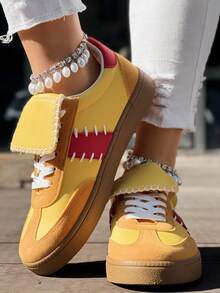 Women's Yellow Casual Athletic Sneakers, Lace-Up Comfortable Lightweight Flat Shoes, College Style  Retro Shoes, Autumn Back-To-School Big Size Footwear - Yellow - View 7