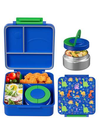 Bento Lunch Box With 9oz Soup Thermo, Leakproof Lunch Food Containers With 4 Compartment, Thermo Insulated Hot Food Jar For School, Office, Travel, And Picnics