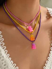 3pcs/Set Boho Style Glass Bead Necklace Set With Sweet Gradient Color Teddy Bear Pendant - Multicolor - View 12