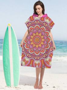 1pc Mandala Print Hooded Cape/Wearable Robe - Ultra Soft Microfiber Beach Themed Pattern, Suitable As Gift For Men, Women, Couples - Beach & Home Decor, Couples Wrap | Microfiber Bathrobe, Suitable For All Occasions Back To School - Multicolor - View 12