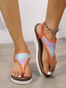 1 Pair Fashionable Colorful Summer Flip Flops, Elastic Band, Slip On Beach Sandals For Women
