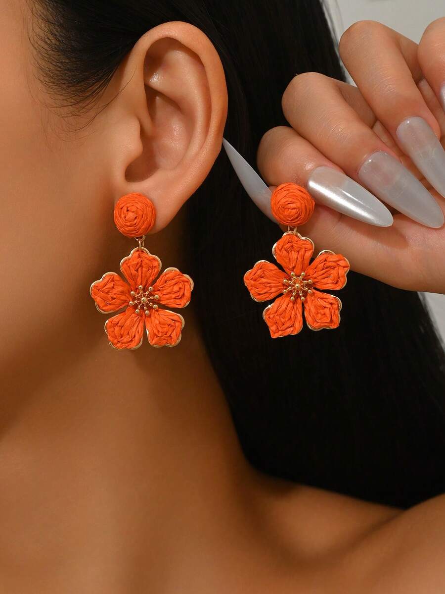 OOQ 1 Đôi bông tai đan thủ công bằng mây, kiểu dáng hoa lá nhiều màu sắc, phong cách Boho, thiết kế tối giản với tua rua hoa cao cấp, phù hợp cho phụ nữ đeo hàng ngày, đi nghỉ mát, dự tiệc (Sản phẩm thủ công có thể có một vài khuyết điểm nhỏ) - Quả cam - Xem 1