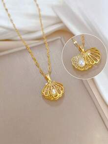 1pc Stainless Steel Micro-Inlaid Zirconia Hollow Shell Faux Pearl Necklace - Yellow Gold - View 4
