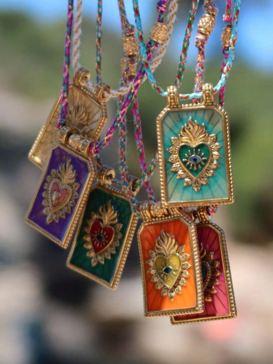 时尚简约彩色心形塔罗牌吊坠项链女锁骨链镀金保色 - 彩色 - 查看 1