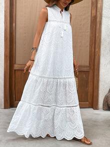 Women's Elegant Vacation Casual Everyday Solid Color Hollow Laser Cut Embroidery Splice Fringe Sleeveless V-Neck Layered Maxi Dress, Summer