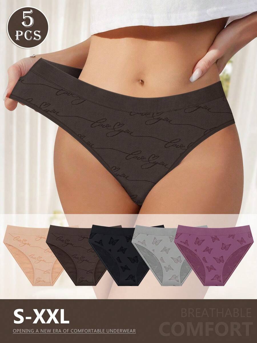 5pcs Women's Low Waist Seamless Briefs, Butterfly Print, Soft & Comfortable Triangle Panties - Nhiều màu - Xem 1