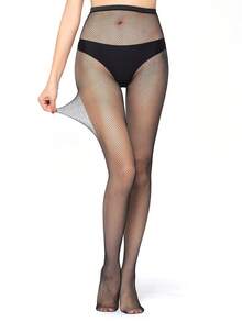 4 双女士防撕裂性感连裤袜，镂空渔网袜 - 黑色 - 查看 6