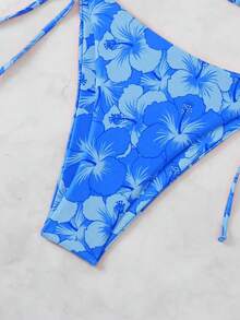 大码露背印花比基尼套装，侧系带泳裤，高弹面料，休闲风格 - 藍色 - 查看 5