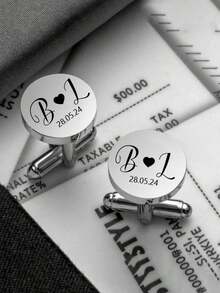 2pcs Customized Cufflinks, Personalized Initial Cufflinks, Metal Engraved Cufflinks, Wedding Favor, Groomsmen Gift, Gift For Him, Fashionable, Vintage, Minimalist, Stylish - Multicolor - View 7