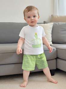 1st Birthday Outfit Set - Cupcake  Number Embroidered Tee + Plaid Shorts  Baby Boy/Girl Party Clothes 6-18M - Green - View 6