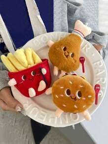 1 pieza Llavero de peluche con diseño de dibujos animados, llavero de poliéster casual y adorable con motivos de comida y bebida como hot dog, pata de pollo, hamburguesa, papas fritas, expresiones de comida, accesorio colgante para mochila, escuela, oficina, amigos, cumpleaños, vacaciones, de vuelta a la escuela, accesorio para coche, dije para bolsa, mochila