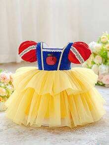 Baby Girls Puff Sleeve Princess Dress, Elegant Tulle Party Dress - Yellow - View 1