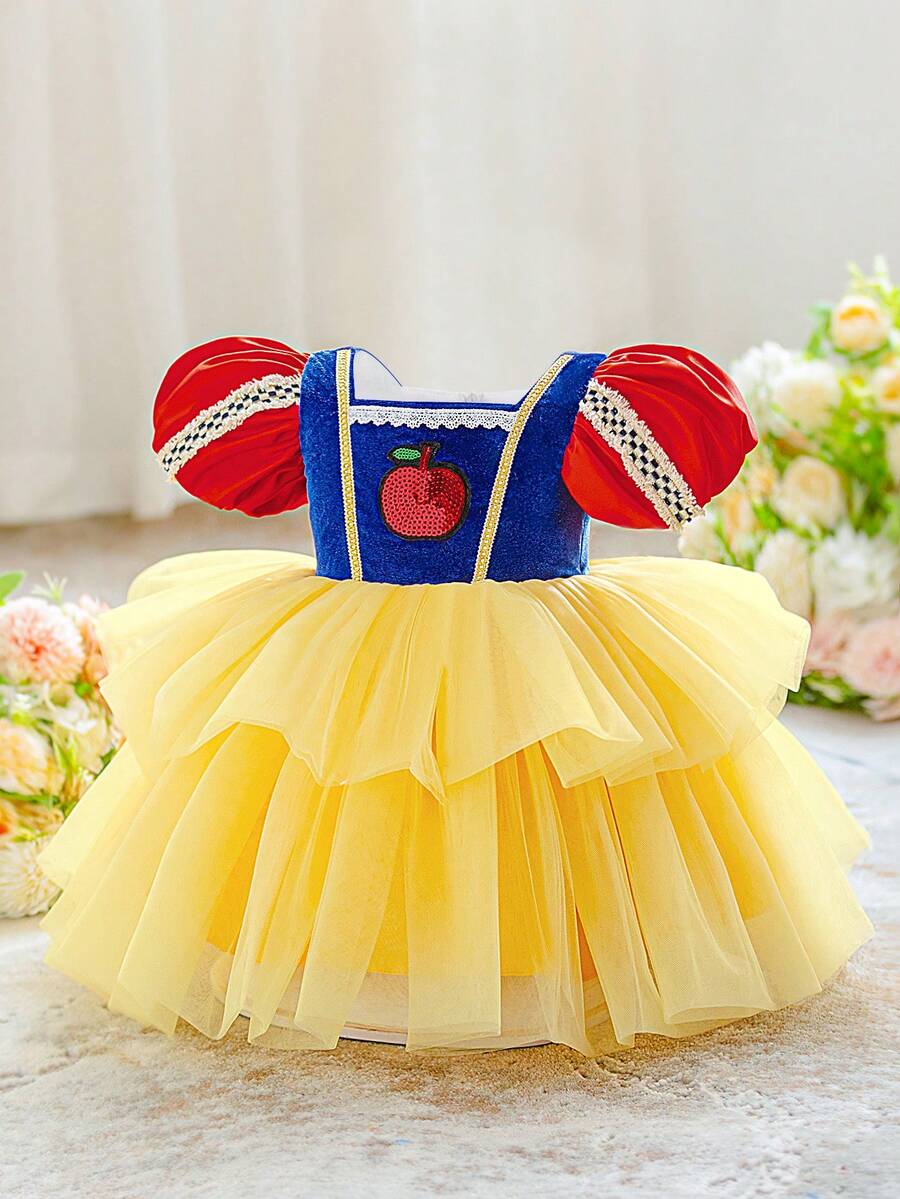 Baby Girls Puff Sleeve Princess Dress, Elegant Tulle Party Dress - Yellow - View 1