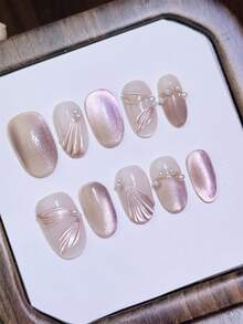 10pcs Short Oval Pink French Style Cat Eyes Fake Nails With Elegant Fish Tail Shape Pink Design With Leaf Patterns And Pearl Accents, 100% Handmade Press On Acrylic Fake Nails Reusable Nail Supplies Including 1pc Jelly Glue,1pc Stick And 1pc Nail File For Women's Daily Or Party Wear - Multicolor - View 2