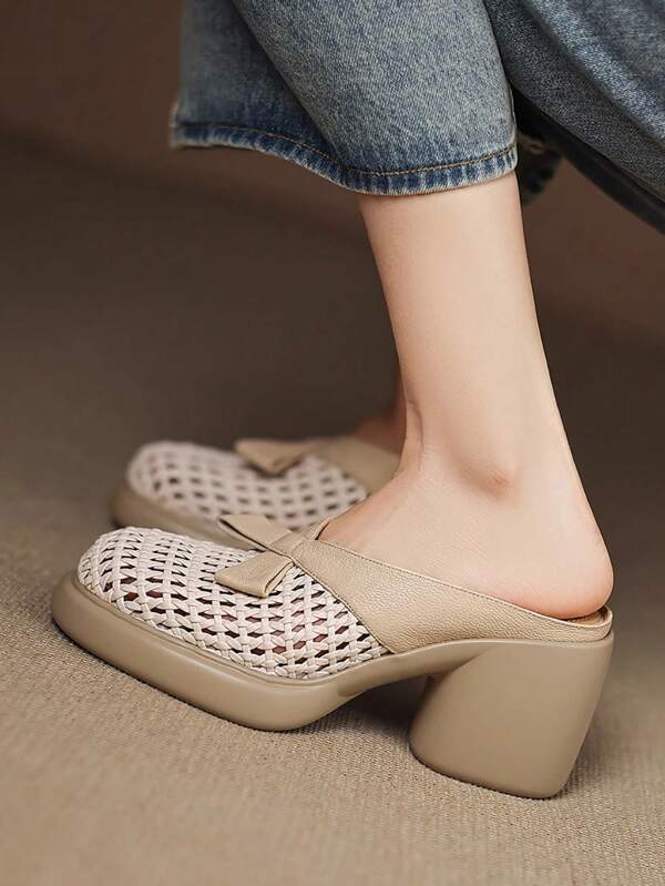 Women's Versatile Slip-On Mule Sandals, Solid Color Hollow-Out Thick Sole Woven Casual Outdoor Slippers, Summer