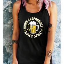 Drink Responsibly Don't Spill Beer Glass[1pc Women'S Fashion Tank Top] 1pc Women'S Fashion Solid Color Knit Tank Top, Polyester Round Neck Sleeveless Shirt For Spring/Summer- - Black - View 1