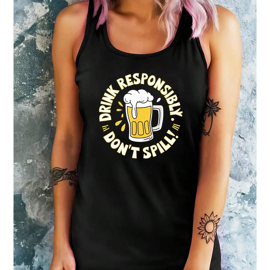 Drink Responsibly Don't Spill Beer Glass[1pc Women'S Fashion Tank Top] 1pc Women'S Fashion Solid Color Knit Tank Top, Polyester Round Neck Sleeveless Shirt For Spring/Summer- - Black - View 1