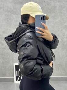 Women's Puffer Zipper Leather Jacket Fashion Blogger Thick And Lined - Black - View 2