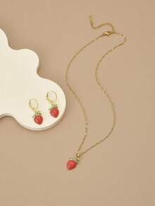 1 套全水晶蝴蝶结红草莓不锈钢女士可爱奢华项链和耳环套装 - 金黃色 - 查看 9