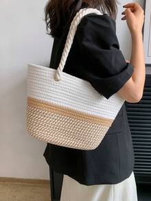 BAILEE 1 Peça Bolsa de Praia Estilo Minimalista Casual de Férias, Design Colorblock Feito à Mão com Corda, Design de Abertura Superior, Bolsa de Praia Feminina, Adequada para Férias, Viagens, Looks da Moda e Compras com Amigos - Caqui - Visão 8