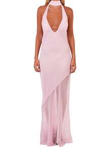 Summer Dresses For Women 2025 Halter Maxi Dress With Scarf Mini Dot Print Backless Bodycon Long Dress Slim Fit Going Out Dresses Wedding Guest Dresses Elegant Cocktail Party Dress Club Streetwear Beach Vacation Aesthetic Clothes Outfit - Hồng - Xem 5