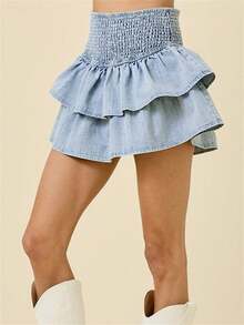 Women's Tiered Ruffled Denim Skirt Solid Color High Rise Mini A Line Jean Skirt Streetwear - 淺藍色 - 查看 6