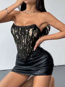 优雅花卉印花蕾丝荷叶边露背可爱紧身胸衣上衣 - 合身紧身胸衣关闭按钮 - 黑色 - 查看 4