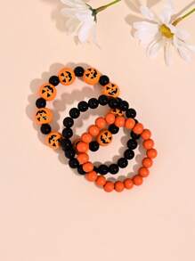 3pcs Gothic Goth Horror Blood Hand Skull Pumpkin Spider Print Wooden Bead Bracelet, Punk Style Elastic Wrist Strap, Unisex, Suitable For Halloween Party Holiday Gift