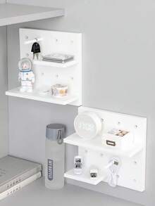 1pc/2pcs/4pcs Wall Mounted Storage Rack With Perforated Panel, Comes With Double-Sided Tape, Cute & Elegant Design, Suitable For Dorm Room, Simple Desktop Decor And Storage Organizer - White - View 6