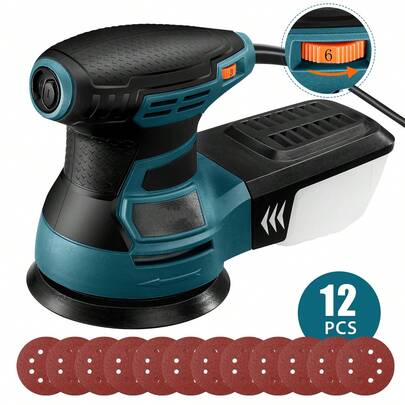 DOVAMAN Random Orbital Sander, 3 Amp, 13000 RPM, 5 Inch, Corded, Variable Speed, Dust Box, 12pcs Sanding Discs