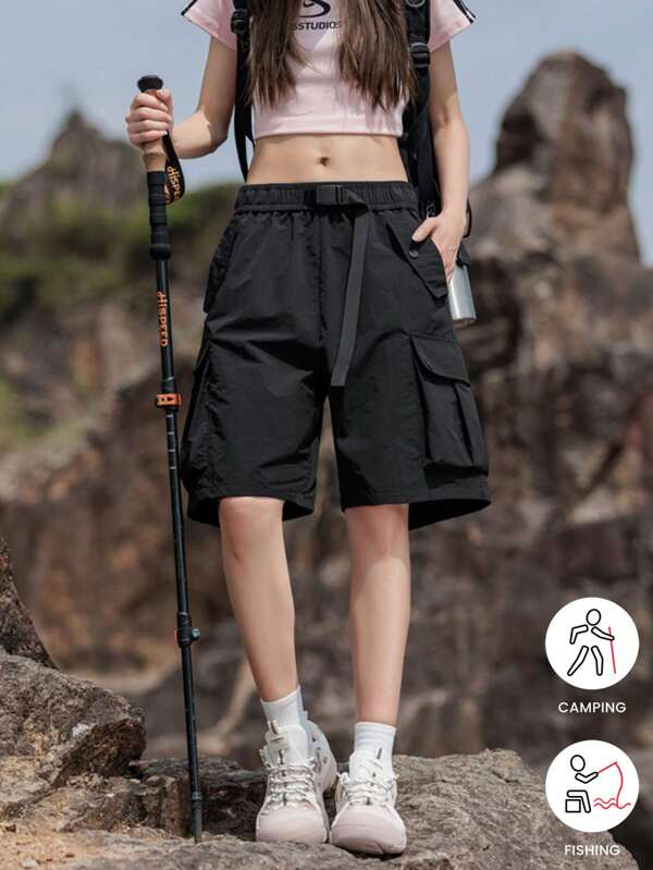 Women's Outdoor Casual Solid Color Shorts, Multiple Pockets, Fashion Cargo Shorts For Summer