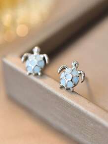 2pcs Copper Blue Oil Drop Sea Turtle Cute Fashionable Stud Earrings For Women