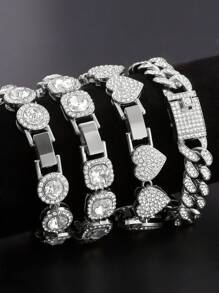 1 Stück/4 Stücke Hiphop Armband für Herren und Damen, rundes oder quadratisches Herz mit voll besetzten Strass, mehrlagige Ketten-Armband Set in Gold und Silber, funkelnde Eisenkette Metall Miami Armband Schmuck zum Valentinstag