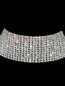 1pc Sparkling Rhinestone Multilayer Necklace, Hip Hop Electronic Music Festival Party Short Choker Chain With Multi-Row Rhinestones - Silver 12 Layers - View 2