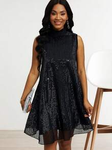 Plus Size Women's Sleeveless Sequin Dress, Suitable For Parties And Events, Fall/Christmas - Black - View 7